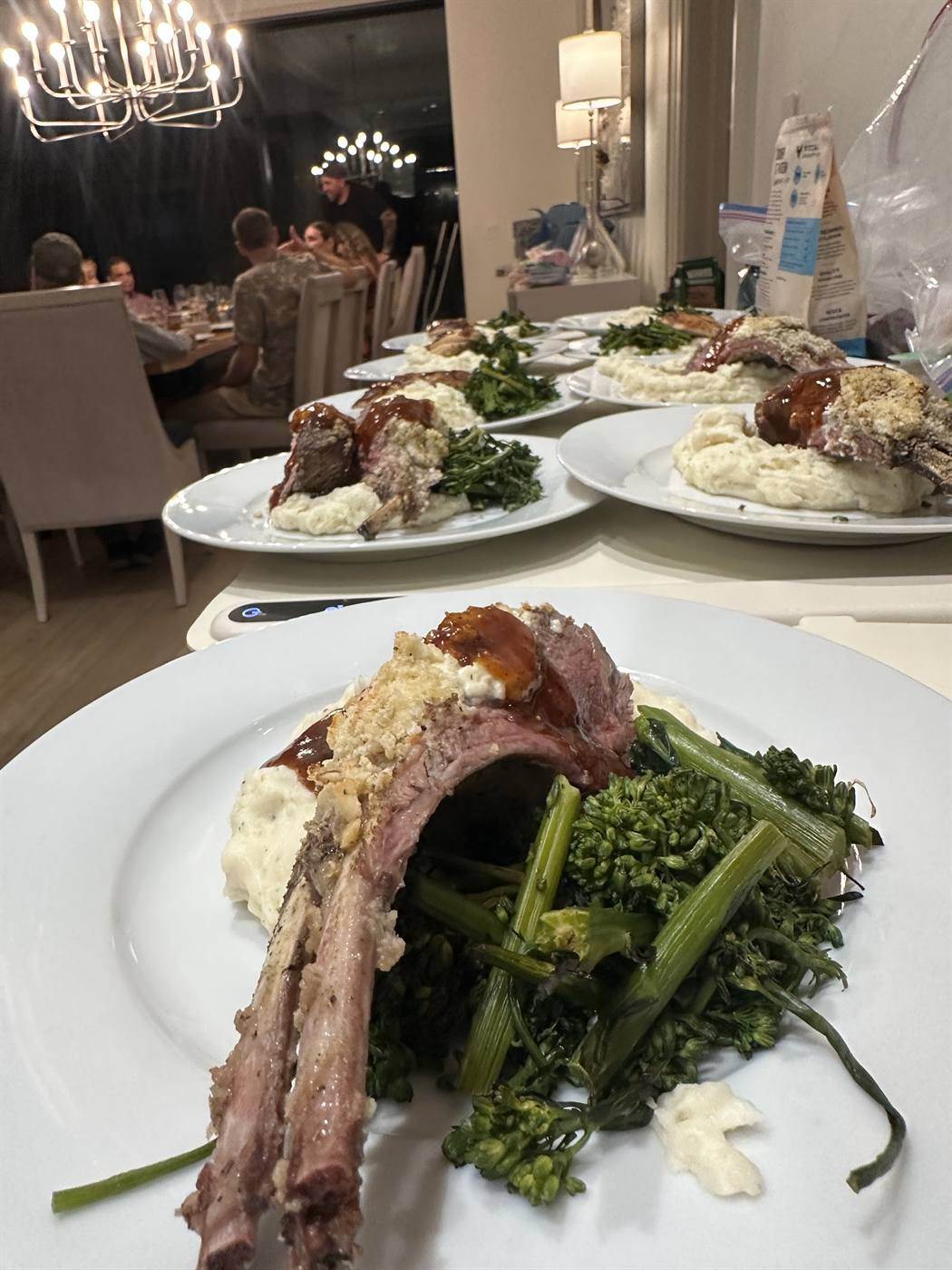 Hazelnut panko crusted rack of lamb with broccolini and mashed potatoes